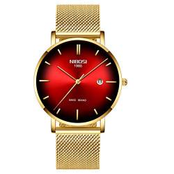 Herren-Armbanduhr, ultradünn, wasserdicht, schwarzes Edelstahlband Goldfarben/Rot von NIBOSI