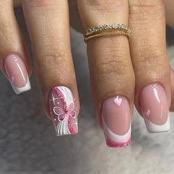 NICENEEDED 24 Stück French Pink Tip Press On Nails, Schmetterlings-Glitzer, Kurze, Quadratische Nägel Zum Aufkleben, Wiederverwendbare, Glänzende, Vollflächige Künstliche Acryl-Künstlertasche von NICENEEDED