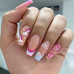 NICENEEDED 24 Stück Regenbogen-Nägel Zum Aufdrücken， Künstliche Nägel Mit Liebesherzmuster In Nude-Rosa, French Square Full Cover Clouds Cute Nails Wiederverwendbare Acrylnägel Für Frauen Mädchen Fing von NICENEEDED