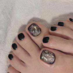 NICENEEDED 24 Stück Schwarze Glitzer-Pailletten Zum Aufdrücken Künstlicher Zehennägel, Glänzende Full-Cover-Acryl-Kunstnägel Für Nail Art, Französische Künstliche Fußnägel Zum Aufkleben Für Frauen von NICENEEDED