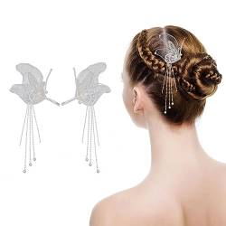 NICENEEDED Braut-Hochzeits-Kopfschmuck, Weiße Schmetterlings-Haarspangen Aus Spitze, Silberne Kristall-Braut-Haarnadeln, Haarschmuck, Perlen-Strass-Stirnband, Lange Quaste Für Frauen Und Mädchen von NICENEEDED