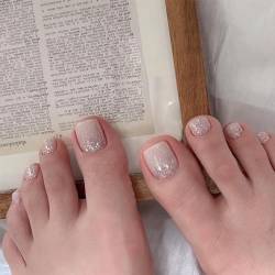 NICENEEDED Glitter Pailletten Nude Color Press On Toe Nails, Glänzende Französische Kurze Quadratische Künstliche Zehennägel Aus Acryl, Vollflächige Künstliche Fußnägel Zum Aufkleben Für Frauen von NICENEEDED