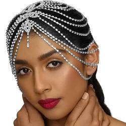 NICENEEDED Strass Quaste Haarkette Schmuck, Silberhochzeits-Kristallflapper-Kopfbedeckung, Braut Stirnband Haarschmuck Für Frauen Mädchen Party Alltagskleidung von NICENEEDED