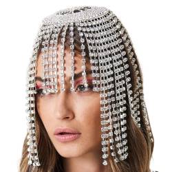 NICENEEDED Tassel Strass Cap Headpiece, Silber Kristall Flapper Kopf Kette Schmuck, Braut-Glitzer-Stirnband Gatsby-Haarteil Roaring 1920s Haarschmuck Für Frauen Mädchen von NICENEEDED