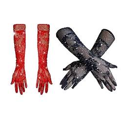 NICEYEA 2 Paar Lange Handschuhe mit Strass Mesh Handschuhe Abendhandschuhe 80er Opera Party Glänzend Handschuhe für Hochzeit Halloween Maskerade Kostüm von NICEYEA