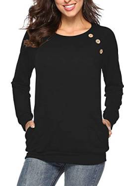 NICIAS Damen Langarmshirt Pullover Lässige Rundhals Sweatshirt Schaltflächen Hemd T Shirt Bluse Tunika Top mit Taschen Schwarz XL von NICIAS