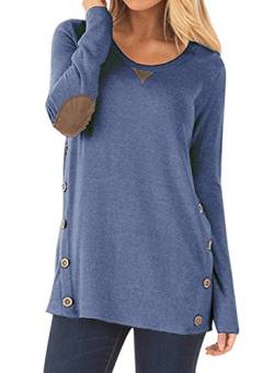 NICIAS Damen Seitliche Tasten Langarmshirt Pullover Lässige Rundhals Sweatshirt Ellenbogen Gepatcht Hemd Lose T Shirt Blusen Tunika Top(Blau, XL) von NICIAS