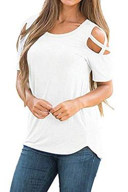 NICIAS Damen Sommer Kurzarm T-Shirt Oberteil Schmales Strappy Cold Shoulder Rundhal Hemd Lässige Tunika Bluse Shirt (Weiß, Small) von NICIAS