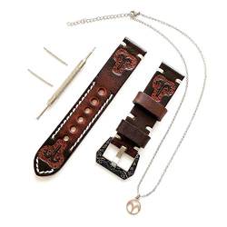 NICKSTON Aries Zodiac Set Genuine Brown Leather 22mm Tooled Embossed Crafted Band Strap Bracelet Watch Kit for Watches and 25" Inch Pendant Necklace (2. Silver Color Buckle) von NICKSTON