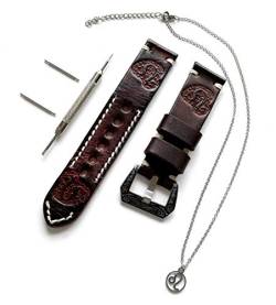 NICKSTON Leo Zodiac Set Genuine Brown Leather 22mm Tooled Embossed Crafted Band Strap Bracelet Watch Kit for Watches and 25" Inch Pendant Necklace (1. Engraved Silver Color Buckle) von NICKSTON