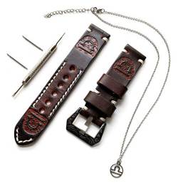 NICKSTON Libra Zodiac Set Genuine Brown Leather 22mm Tooled Embossed Crafted Band Strap Bracelet Watch Kit for Watches and 25" Inch Pendant Necklace (1. Engraved Silver Color Buckle) von NICKSTON