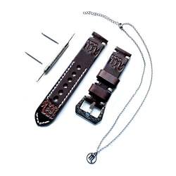 NICKSTON Scorpio Zodiac Set Genuine Brown Leather 22mm Tooled Embossed Crafted Band Strap Bracelet Watch Kit for Watches and 25" Inch Pendant Necklace (1. Engraved Silver Color Buckle) von NICKSTON