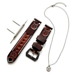 NICKSTON Taurus Zodiac Set Genuine Brown Leather 22mm Tooled Embossed Crafted Band Strap Bracelet Watch Kit for Watches and 25" Inch Pendant Necklace (1. Engraved Silver Color Buckle) von NICKSTON