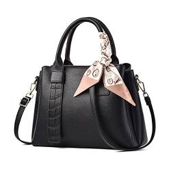 NICOLE & DORIS Damen Handtasche Modern Schultertaschen PU Leder Henkeltasche Elegante Frauen Umhängetasche Satchel Handtasche Shopper Tote Bag mit Seidentuch Schwarz von NICOLE & DORIS