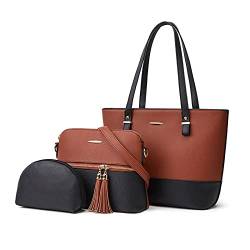 NICOLE & DORIS Damen Schultertaschen Groß Frauen Umhängetasche Designer Elegante Damen Handtaschen 2-Teiliges Set Tote Bag Shopper PU Leder Multifunktion Tasch Braun mit Schwarz von NICOLE & DORIS