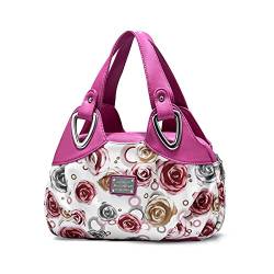 NICOLE & DORIS Handtaschen Damen Designer Tasche Elegante Groß Handtasche Modern Shopper Tote Bag Damentasche mit Blumenmuster Weißer Griff/Distel Rose rot/rosa von NICOLE & DORIS