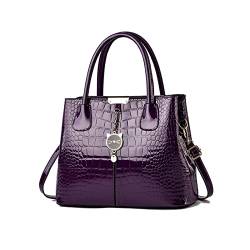 NICOLE & DORIS Handtaschen Damen Elegant Lackleder Handtasche Krokoprägung Henkeltasche Arbeits Taschen Damen Shopper Umhängetaschen Tote Bag mit Anhänger Violett von NICOLE & DORIS