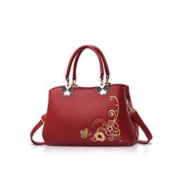 NICOLE&DORIS Handtaschen Damen Mode Schultertasche Geldbörse Retro Umhängetasche Frau Tote Stickerei Wein rote Blume von NICOLE & DORIS