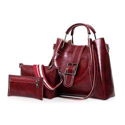 NICOLE & DORIS Modische Einkaufstasche für Damen, Handtasche aus PU-Leder + Umhängetasche + Handtasche, 3 Stück, für Reisen, Shopping, Arbeit, Weinrot, L, handtasche von NICOLE & DORIS