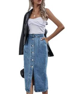 Damen Jeansrock mit hoher Taille, gewaschener Knopfleiste, Midi-Länge, A-Linie, Denim, Bleistiftrock, Blau - 592, Mittel von NIGHTMISS