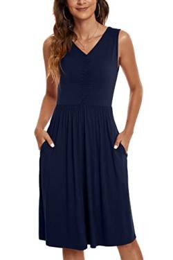 NILOUFO Damen Sommerkleid, lässig, Strandkleid, V-Ausschnitt, ärmellos, Tanktop, Sonnenkleid mit Taschen, B: Marineblau, 3X-Groß von NILOUFO