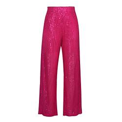 NINALUNA Damenhose mit weitem Bein, einfarbig, Pailletten, dekorative Oberfläche, lässig, elastische Pailletten, modisch, lässig, gerade Hose, rose pink, S von NINALUNA