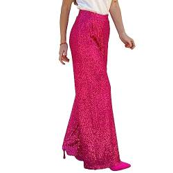 NINALUNA Frauen Breite Bein Hosen Einfarbig Pailletten Dekorative Oberfläche Lässige Elastische Pailletten Mode Lässige Gerade Hosen, K-Rose Pink, L von NINALUNA