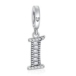 NINGAN 925 Sterling Silber Buchstabe Anhänger A-Z Charm Anhänger Geeignet für Frauen Armband Halskette Glänzendes 5A quadratisches Zirkonium Perlen Geburtstagsgeschenk（I） von NINGAN