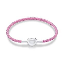 NINGAN Leder Charm Armband für Frauen Mädchen passen Sterling Silber Liebe Herz Druckknopf Perle, Muttertag Geburtstag Schmuck Geschenke, Pink 6,7 Zoll / 17 cm Armband von NINGAN