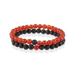 NIRVANA GEMS & JEWELS Rotes Onyx-Stretch-Armband mit schwarzem Lava-Armband, Kombipaket, natürliche Perlen, handgefertigte Armbänder – (19 cm), Unisex von NIRVANA GEMS & JEWELS