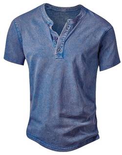 NITAGUT Henley Herren T-Shirt Baumwolle Leicht Slim Fit Kurzarm Freizeithemd Vintage Distressed Tee Shirts,Blau,L von NITAGUT