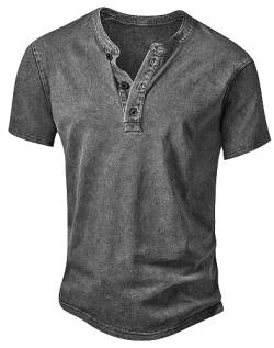 NITAGUT Henley Herren T-Shirt Baumwolle Leicht Slim Fit Kurzarm Freizeithemd Vintage Distressed Tee Shirts,Grün,L von NITAGUT