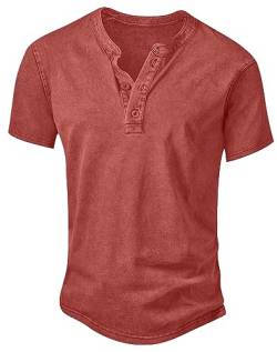 NITAGUT Henley Herren T-Shirt Baumwolle Leicht Slim Fit Kurzarm Freizeithemd Vintage Distressed Tee Shirts,Rot,L von NITAGUT