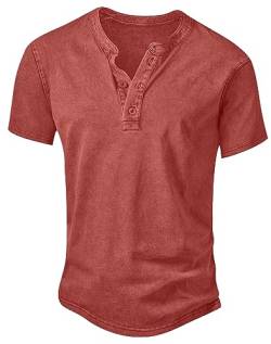 NITAGUT Henley Herren T-Shirt Baumwolle Leicht Slim Fit Kurzarm Freizeithemd Vintage Distressed Tee Shirts,Rot,XL von NITAGUT