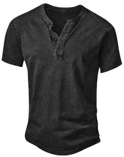 NITAGUT Henley Herren T-Shirt Baumwolle Leicht Slim Fit Kurzarm Freizeithemd Vintage Distressed Tee Shirts,Schwarz,S von NITAGUT