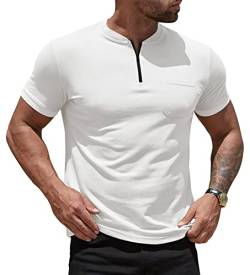 NITAGUT Herren Slim Fit Pique Polo Shirt mit Tasche Casual Kurzarm Viertelreißverschluss Kragenlos Golf Tee Shirt, Weiß, Groß von NITAGUT