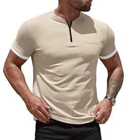 NITAGUT Herren Slim Fit Pique Polo Shirt mit Tasche Casual Kurzarm Viertelreißverschluss Kragenlos Golf Tee Shirt, beige, XX-Large von NITAGUT