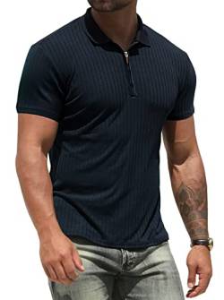 NITAGUT Poloshirt für Herren Workout Leistung Slim Fit Reißverschluss T-Shirts Männer Sport Golf Tennis Oberteile,Marineblau,XXL von NITAGUT