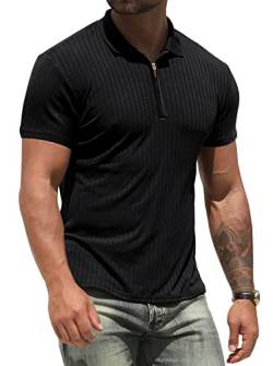 NITAGUT Poloshirt für Herren Workout Leistung Slim Fit Reißverschluss T-Shirts Männer Sport Golf Tennis Oberteile,Schwarz,L von NITAGUT