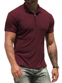 NITAGUT Poloshirt für Herren Workout Leistung Slim Fit Reißverschluss T-Shirts Männer Sport Golf Tennis Oberteile,Weinrot,L von NITAGUT