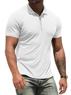 NITAGUT Poloshirt für Herren Workout Leistung Slim Fit Reißverschluss T-Shirts Männer Sport Golf Tennis Oberteile,Weiß,M von NITAGUT