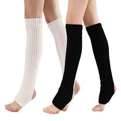 NITAIUN 2 Paar Damen Frauen Crochet Einheitsgröße Schwarz Weiß Beinwärmer Kniestrümpfe Legwarmers Leggings Stretch Weiche Winter-Strick-Häkel-Fußwärmer für Yoga Tanzen Ballet (Weiß, Schwarz) von NITAIUN