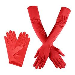 NITAIUN 2 Paar Satinstoff 1920s Handschuhe, Damen Handschuhe Lang Kurz Elastisch Rot Satin Gothic Samt Handschuhe für Frauen Mädchen Faschings Mottoparty Kostüm (Rot) von NITAIUN