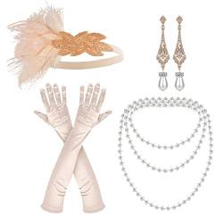 NITAIUN 4 Teiliges 20er Jahre Accessoires, 1920s Flapper Great Gatsby Accessoires,Charleston Kostüm 1920 Zubehör-Set, Stirnband Handschuhen Halskette Ohrringen, for Roaring 20s Party Prom (Set O) von NITAIUN