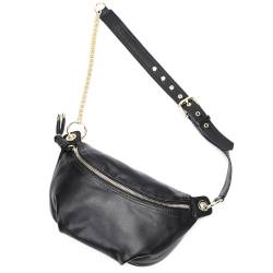 Modische Damen Gürteltasche, Goldkette & Quaste Reißverschluss, Echtes Leder Fanny Pack Crossbody Taschen für Frauen, Schwarz, Crossbody von NIUCUNZH