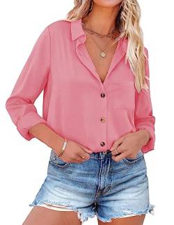 NIUDAU Bluse Damen Elegant Langarm Hemd Casual Button down Shirt V-Ausschnitt Casual Hemdbluse Rosa M von NIUDAU