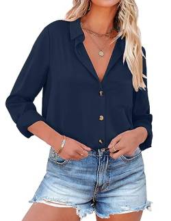 NIUDAU Bluse Damen Langarm Hemd Freizeit mit Button Down Kragen und Knopfleiste Navy Blau XL von NIUDAU