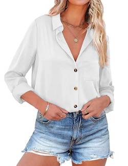 NIUDAU Damen Bluse Elegant Langarm Hemd Casual Button down Shirt V-Ausschnitt Hemdbluse Weiß M von NIUDAU