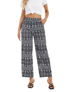 NIUDAU Damen Locker Sommerhose Boho Weite Bein Hose Leicht Lang Hose Freizeithose Ballonhose Hippiehose L von NIUDAU