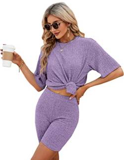 NIUDAU Damen Pyjama Set Drop Shoulder Kurzarmshirt und Shorts Zweiteile Schlafanzug Set Sommer Sleepwear Hausanzug Sets Einfarbig von NIUDAU